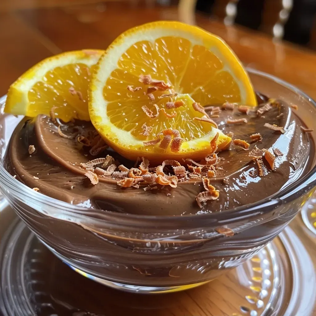 ['Close-up of dark chocolate mousse with orange zest on top.', 'Side view of a rich mousse with chocolate and orange garnishes.', 'Creamy chocolate mousse served in a glass, featuring orange slices.', 'Smooth dark chocolate mousse displayed with orange peel decoration.']