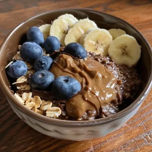 ['Close-up view of chocolate peanut butter overnight oats with fresh blueberries and sliced banana.', 'Side perspective of a bowl filled with chocolate peanut butter oats, garnished with rice cakes and apple slices.', 'Appetizing chocolate peanut butter overnight oats featuring layers of ingredients like cereal and carrot.', 'A colorful array of overnight oats displayed with peanut butter, fruits, and cereals in a stylish bowl.']