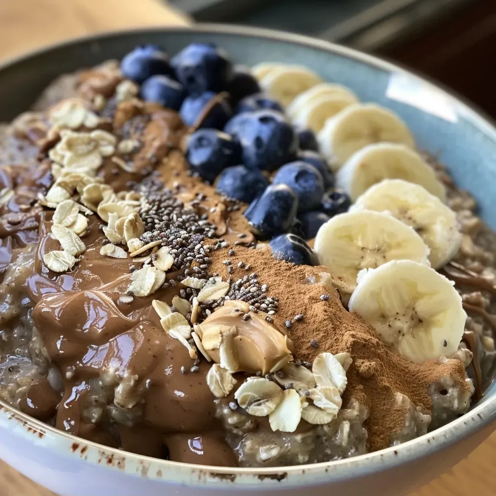 ['Close-up view of chocolate peanut butter overnight oats with fresh blueberries and sliced banana.', 'Side perspective of a bowl filled with chocolate peanut butter oats, garnished with rice cakes and apple slices.', 'Appetizing chocolate peanut butter overnight oats featuring layers of ingredients like cereal and carrot.', 'A colorful array of overnight oats displayed with peanut butter, fruits, and cereals in a stylish bowl.']