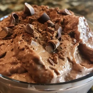 ['A creamy chocolate protein pudding in a glass bowl, topped with cocoa powder.', 'Close-up of a thick, rich chocolate pudding filled with chocolate chips and yogurt.', 'Delicious chocolate protein pudding in a bowl, showcasing its smooth texture.', 'Side view of chocolate protein pudding, highlighting its luscious consistency and glossy finish.']