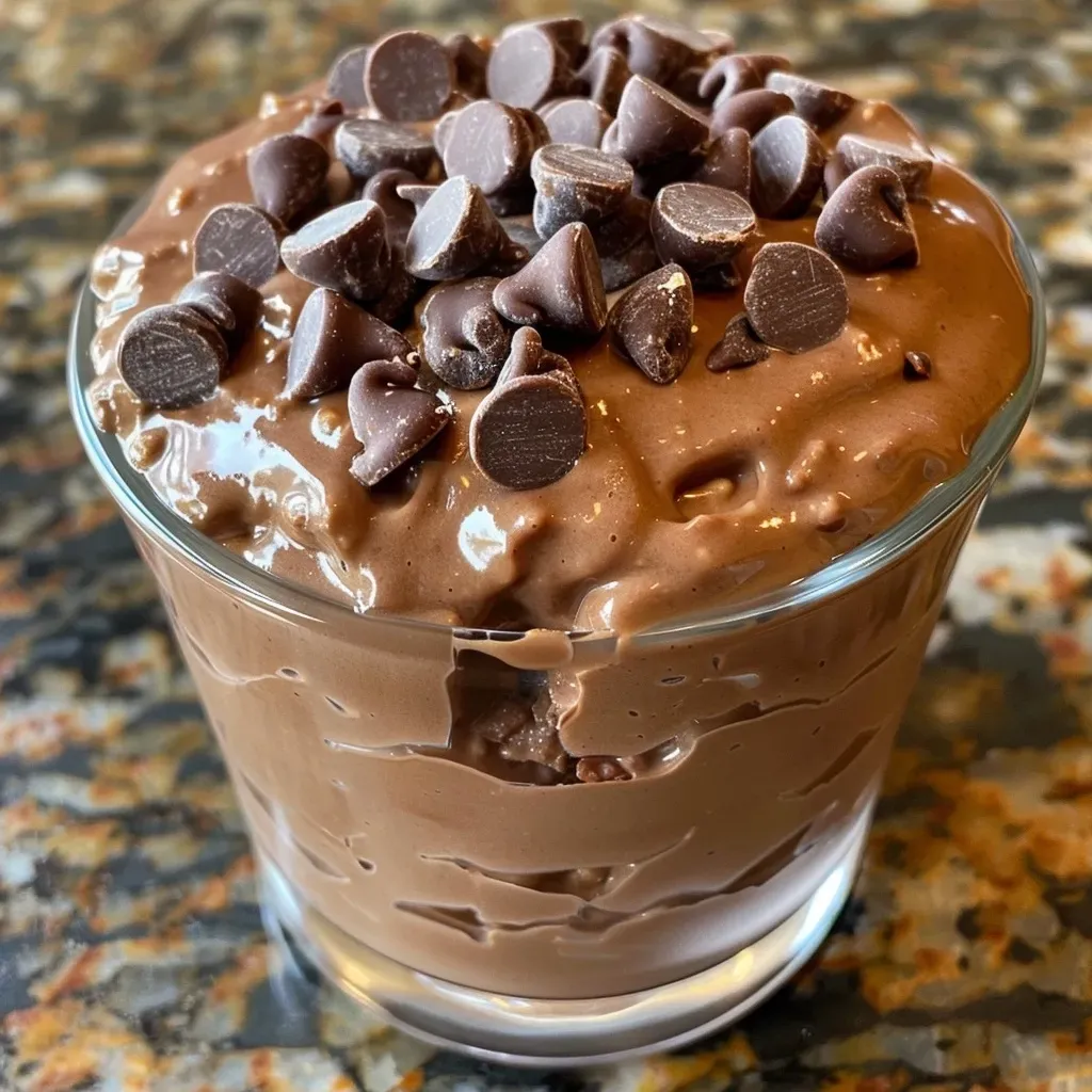 ['A creamy chocolate protein pudding in a glass bowl, topped with cocoa powder.', 'Close-up of a thick, rich chocolate pudding filled with chocolate chips and yogurt.', 'Delicious chocolate protein pudding in a bowl, showcasing its smooth texture.', 'Side view of chocolate protein pudding, highlighting its luscious consistency and glossy finish.']
