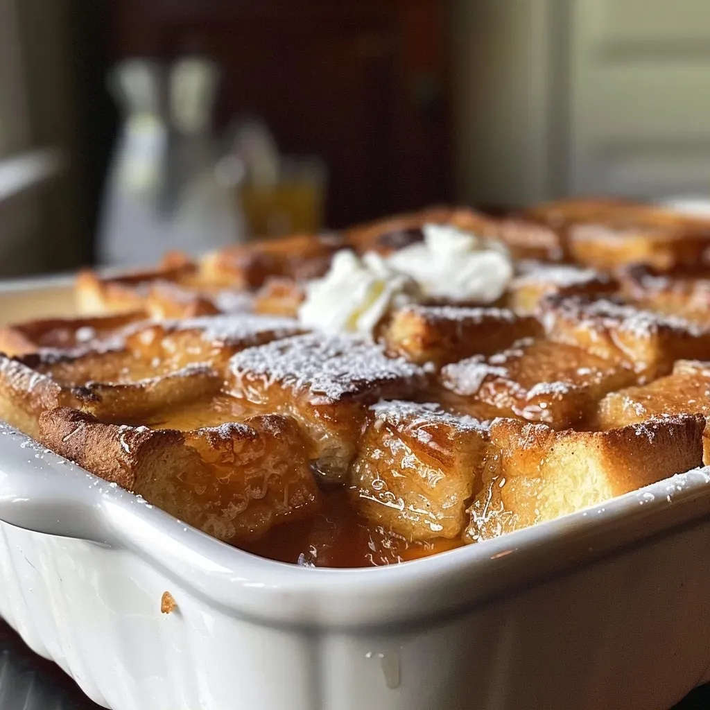 ['Close-up of a delicious Cinnamon Brown Butter French Toast Casserole, showcasing its rich texture and warm ingredients.', 'Side view of a Cinnamon Brown Butter French Toast Casserole, featuring golden-brown bread cubes topped with syrup and berries.', 'Juicy and inviting Cinnamon Brown Butter French Toast Casserole, garnished with whipped cream and powdered sugar.', 'A serving of Cinnamon Brown Butter French Toast Casserole, highlighting the fluffy interior and caramelized top layer.']