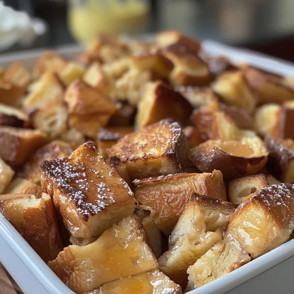 ['Close-up of a delicious Cinnamon Brown Butter French Toast Casserole, showcasing its rich texture and warm ingredients.', 'Side view of a Cinnamon Brown Butter French Toast Casserole, featuring golden-brown bread cubes topped with syrup and berries.', 'Juicy and inviting Cinnamon Brown Butter French Toast Casserole, garnished with whipped cream and powdered sugar.', 'A serving of Cinnamon Brown Butter French Toast Casserole, highlighting the fluffy interior and caramelized top layer.']