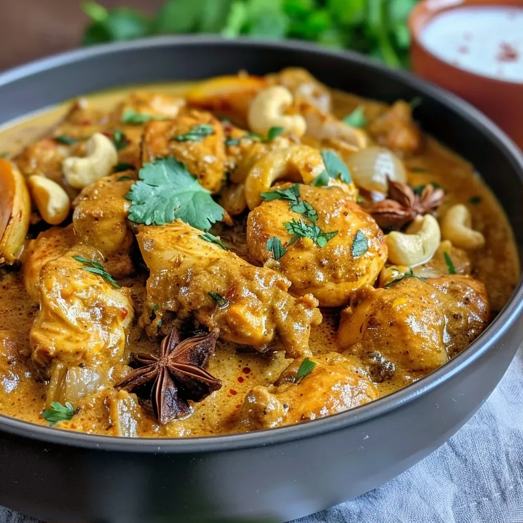 ['A close-up side view of a bowl filled with Cinnamon Chicken Curry, showcasing tender chicken pieces and a rich, aromatic sauce.', 'A vibrant Cinnamon Chicken Curry dish presented in a bowl, highlighting spices and garnishes like coriander leaves.', 'A detailed shot of delicious Cinnamon Chicken Curry, with visible chunks of chicken and a glossy sauce.', 'A mouthwatering Cinnamon Chicken Curry in a bowl, decorated with fresh coriander and spices.']