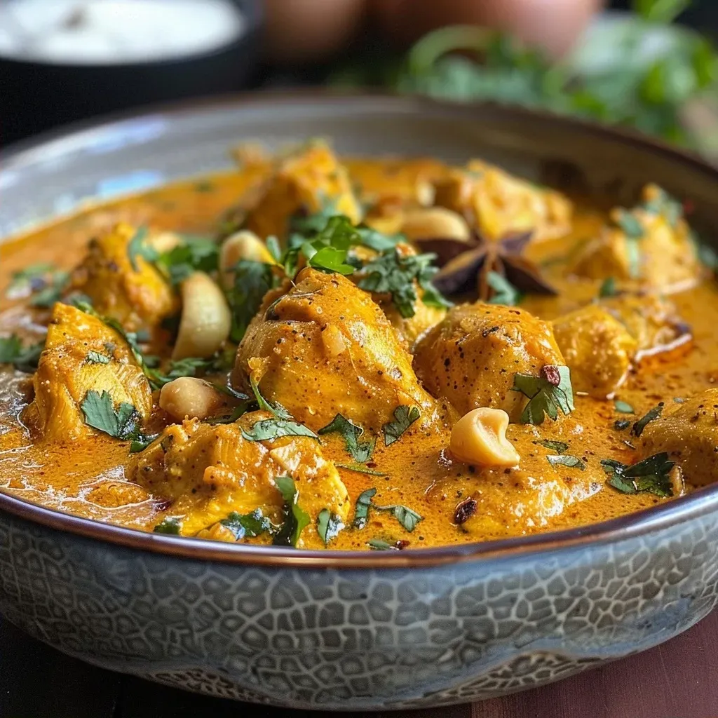 ['A close-up side view of a bowl filled with Cinnamon Chicken Curry, showcasing tender chicken pieces and a rich, aromatic sauce.', 'A vibrant Cinnamon Chicken Curry dish presented in a bowl, highlighting spices and garnishes like coriander leaves.', 'A detailed shot of delicious Cinnamon Chicken Curry, with visible chunks of chicken and a glossy sauce.', 'A mouthwatering Cinnamon Chicken Curry in a bowl, decorated with fresh coriander and spices.']
