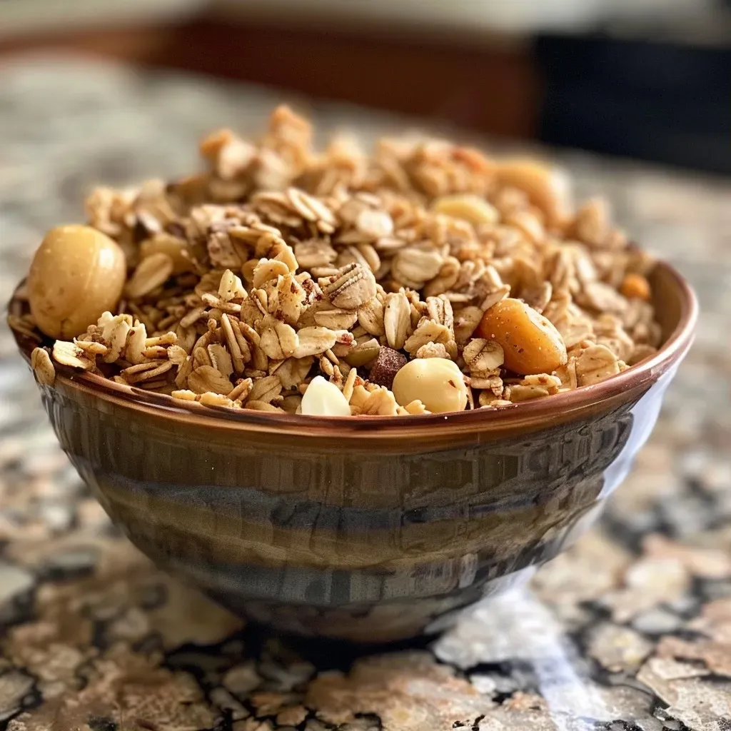 ['Close-up view of a bowl filled with cinnamon granola, showcasing its crunchy texture and golden-brown color.', 'Side perspective of homemade cinnamon granola, featuring oats and nuts combined with honey and spices.', 'Delicious-looking granola mix with macadamia nuts and seeds, highlighting the cinnamon flavor.', 'Tasty cinnamon granola displayed in a bowl, emphasizing its appetizing ingredients and rustic charm.']