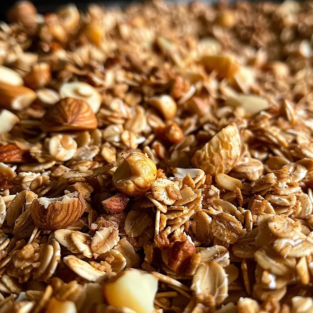 ['Close-up view of a bowl filled with cinnamon granola, showcasing its crunchy texture and golden-brown color.', 'Side perspective of homemade cinnamon granola, featuring oats and nuts combined with honey and spices.', 'Delicious-looking granola mix with macadamia nuts and seeds, highlighting the cinnamon flavor.', 'Tasty cinnamon granola displayed in a bowl, emphasizing its appetizing ingredients and rustic charm.']