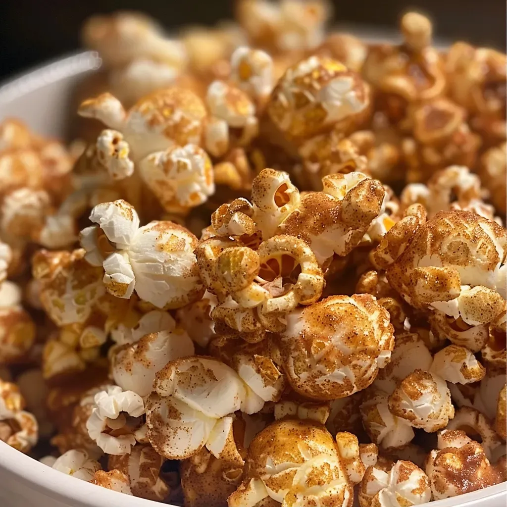 ['A close-up view of a bowl filled with freshly made cinnamon popcorn, showcasing its golden color and crispy texture.', 'Side view of a delicious serving of cinnamon-flavored popcorn, glistening with butter and spices.', 'A detailed look at fluffy popcorn coated in a sweet and spicy cinnamon mixture, set against a neutral background.', 'Close-up image of cinnamon popcorn, highlighting the crunchy kernels and a dusting of cinnamon sugar.']
