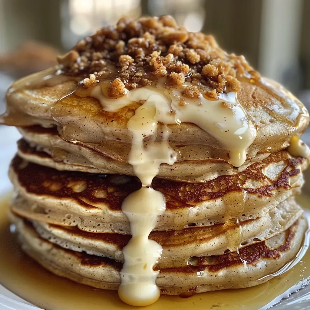 ['Close-up of fluffy cinnamon roll pancakes drizzled with syrup.', 'Side view of layered cinnamon roll pancakes with a rich topping.', 'Juicy cinnamon roll pancakes presented with a glossy syrup finish.', 'Gourmet cinnamon roll pancakes stacked attractively, showcasing texture.']