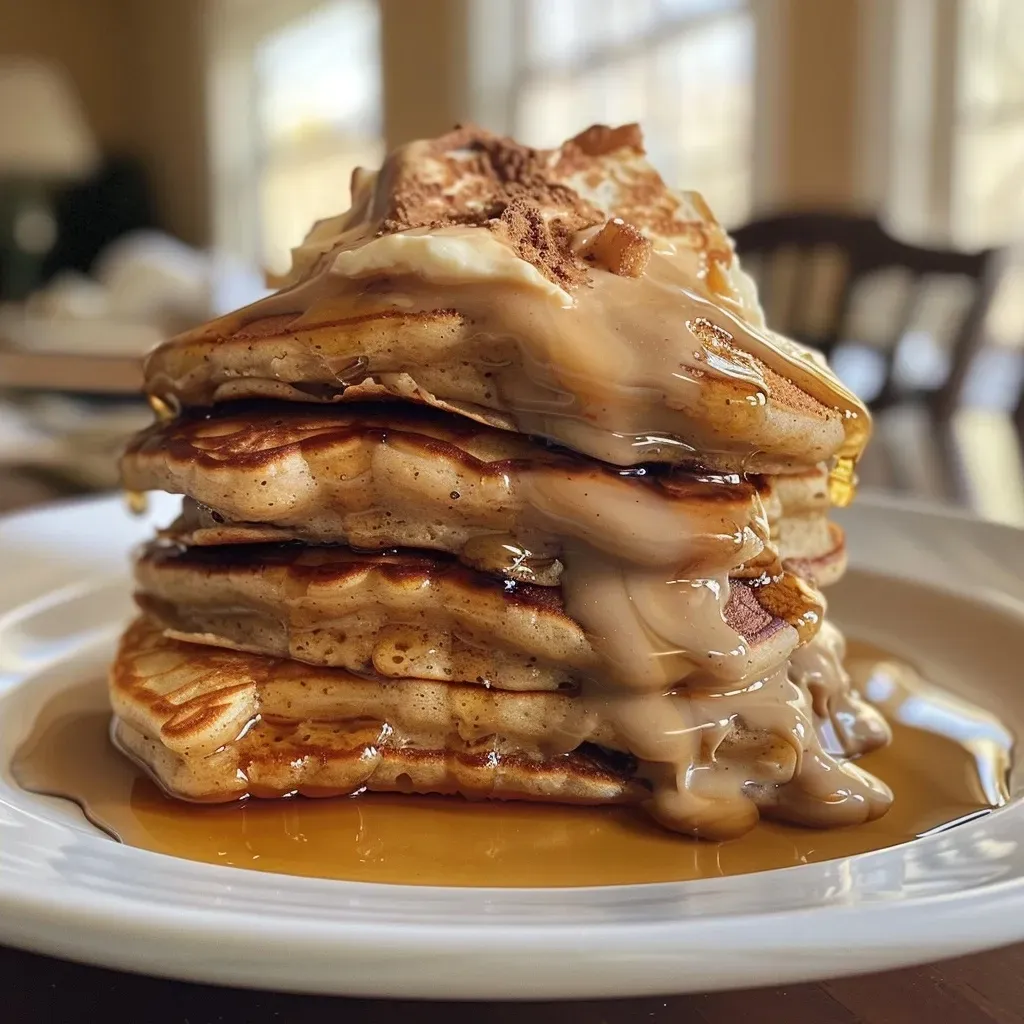 ['Close-up of stacked cinnamon roll pancakes drizzled with syrup.', 'Side view of golden-brown cinnamon roll pancakes topped with cream cheese frosting.', 'Delicious cinnamon roll pancakes with a swirl pattern and syrup on top.', 'Juicy cinnamon roll pancakes served with a sprinkle of cinnamon and syrup.']