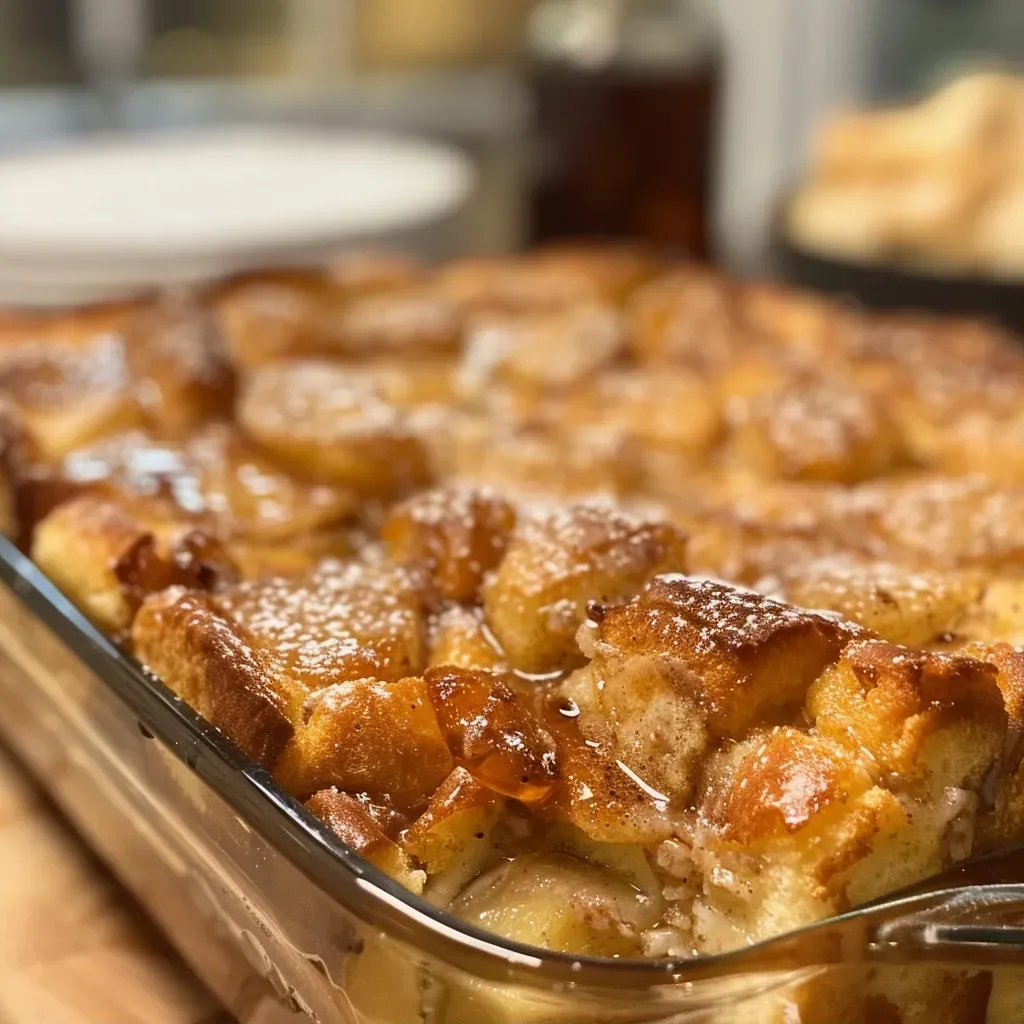 ['A close-up shot of a slice of cinnamon-stuffed French toast casserole, showcasing its creamy filling and golden crust.', 'A side view of a serving of cinnamon-stuffed French toast casserole with visible layers of cream cheese and cinnamon.', 'A detailed close-up of a slice of French toast casserole, highlighting the cinnamon and cream cheese stuffing.', 'A mouthwatering image of a piece of French toast casserole, featuring a rich, golden-brown exterior and creamy filling.']