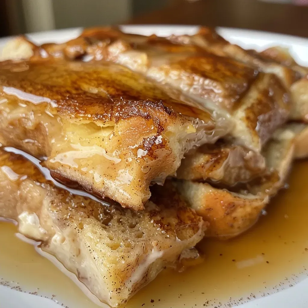 ['A close-up shot of a slice of cinnamon-stuffed French toast casserole, showcasing its creamy filling and golden crust.', 'A side view of a serving of cinnamon-stuffed French toast casserole with visible layers of cream cheese and cinnamon.', 'A detailed close-up of a slice of French toast casserole, highlighting the cinnamon and cream cheese stuffing.', 'A mouthwatering image of a piece of French toast casserole, featuring a rich, golden-brown exterior and creamy filling.']