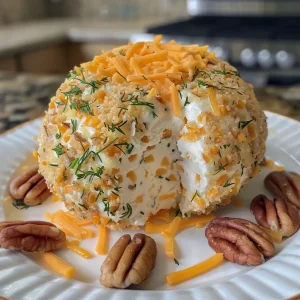 ['A close-up side view of a juicy classic cheese ball garnished with pecans.', 'A textured cheese ball made of cream cheese and cheddar, presented on a plate.', 'A delicious cheese ball with a creamy exterior and chopped pecans, ready for serving.', 'A side perspective of a cheese ball, showing the layers of cheese and seasoning.']