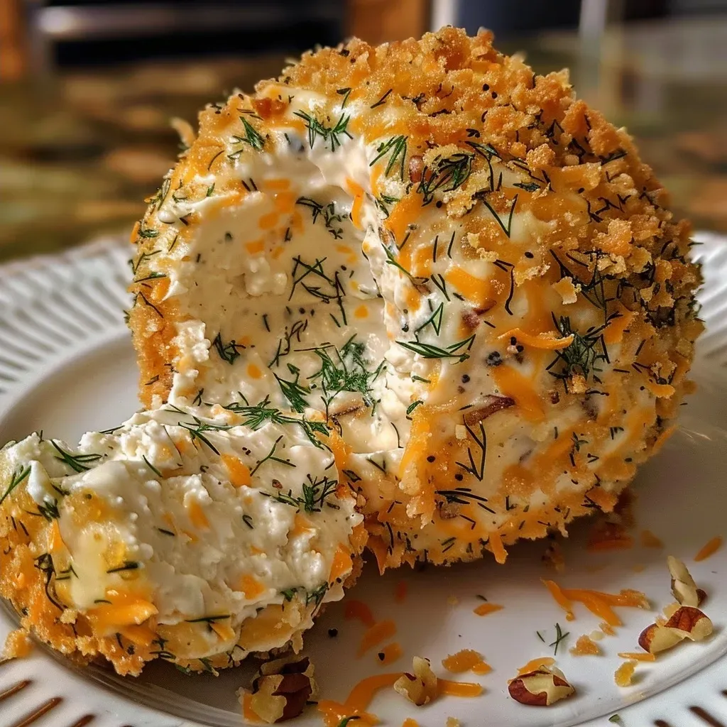 ['A close-up side view of a juicy classic cheese ball garnished with pecans.', 'A textured cheese ball made of cream cheese and cheddar, presented on a plate.', 'A delicious cheese ball with a creamy exterior and chopped pecans, ready for serving.', 'A side perspective of a cheese ball, showing the layers of cheese and seasoning.']