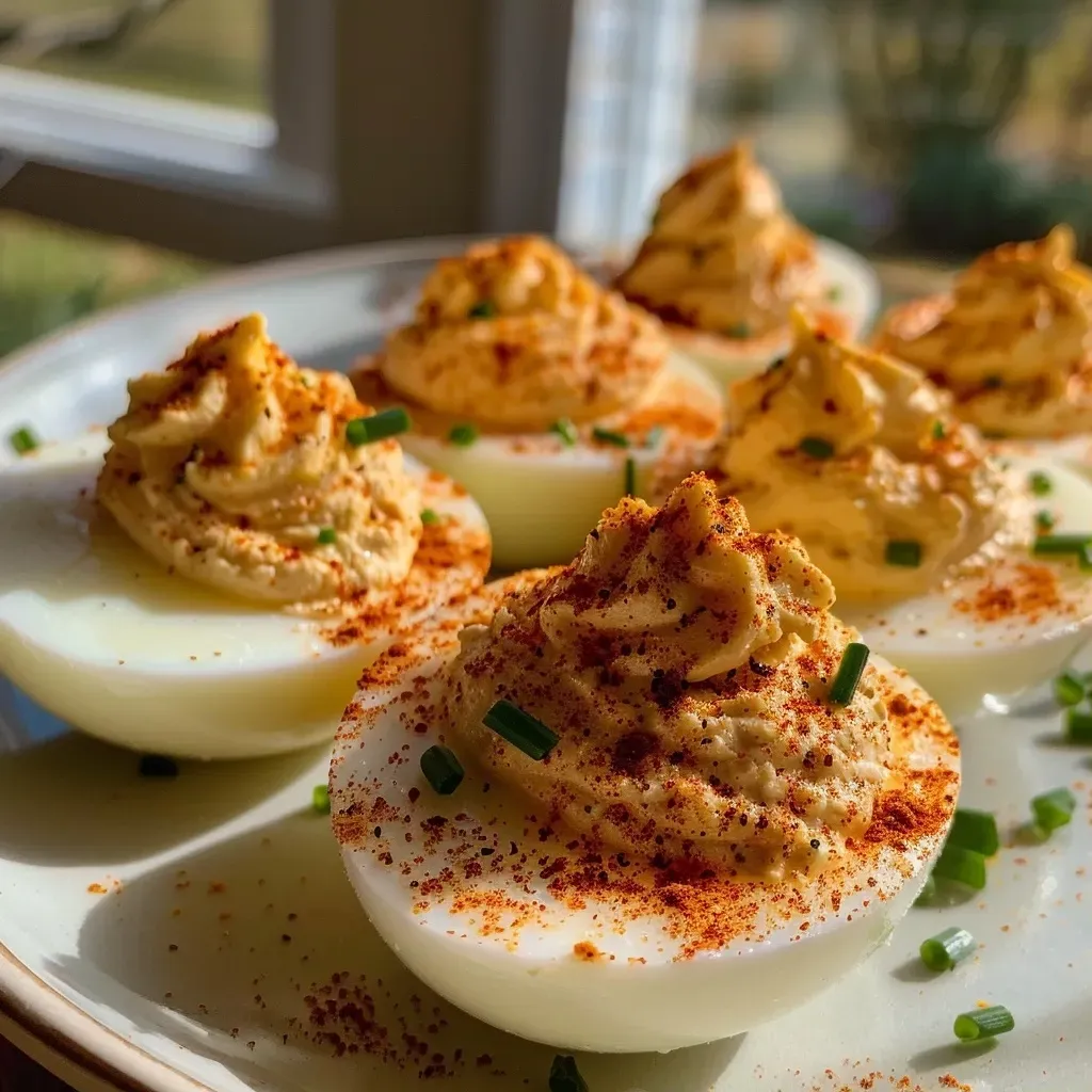 ['Close-up of creamy deviled eggs garnished with paprika and chives.', 'Side view of classic deviled eggs with a smooth filling and vibrant garnish.', 'Juicy deviled eggs displayed on a plate, featuring a rich yellow filling.', 'Detailed look at perfectly made deviled eggs, topped with paprika and chives.']