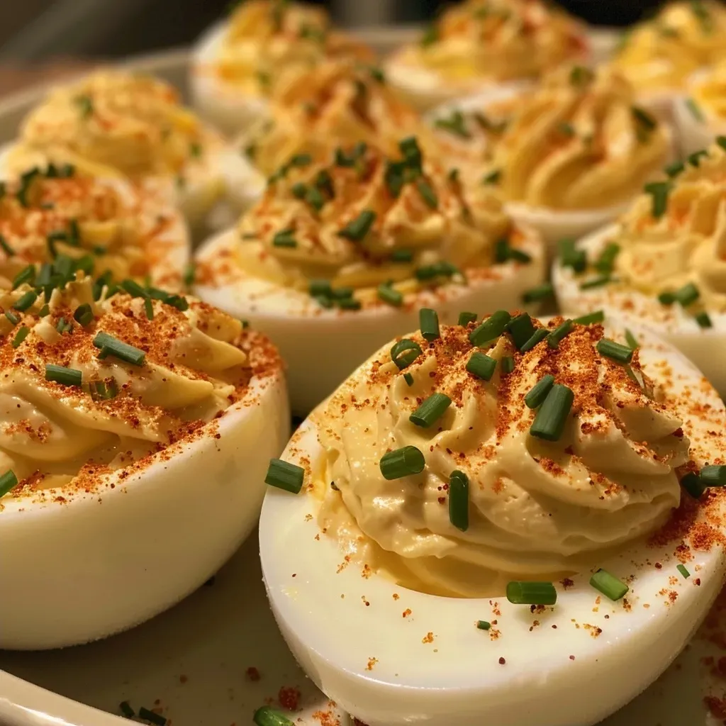 ['Close-up of creamy deviled eggs garnished with paprika and chives.', 'Side view of classic deviled eggs with a smooth filling and vibrant garnish.', 'Juicy deviled eggs displayed on a plate, featuring a rich yellow filling.', 'Detailed look at perfectly made deviled eggs, topped with paprika and chives.']