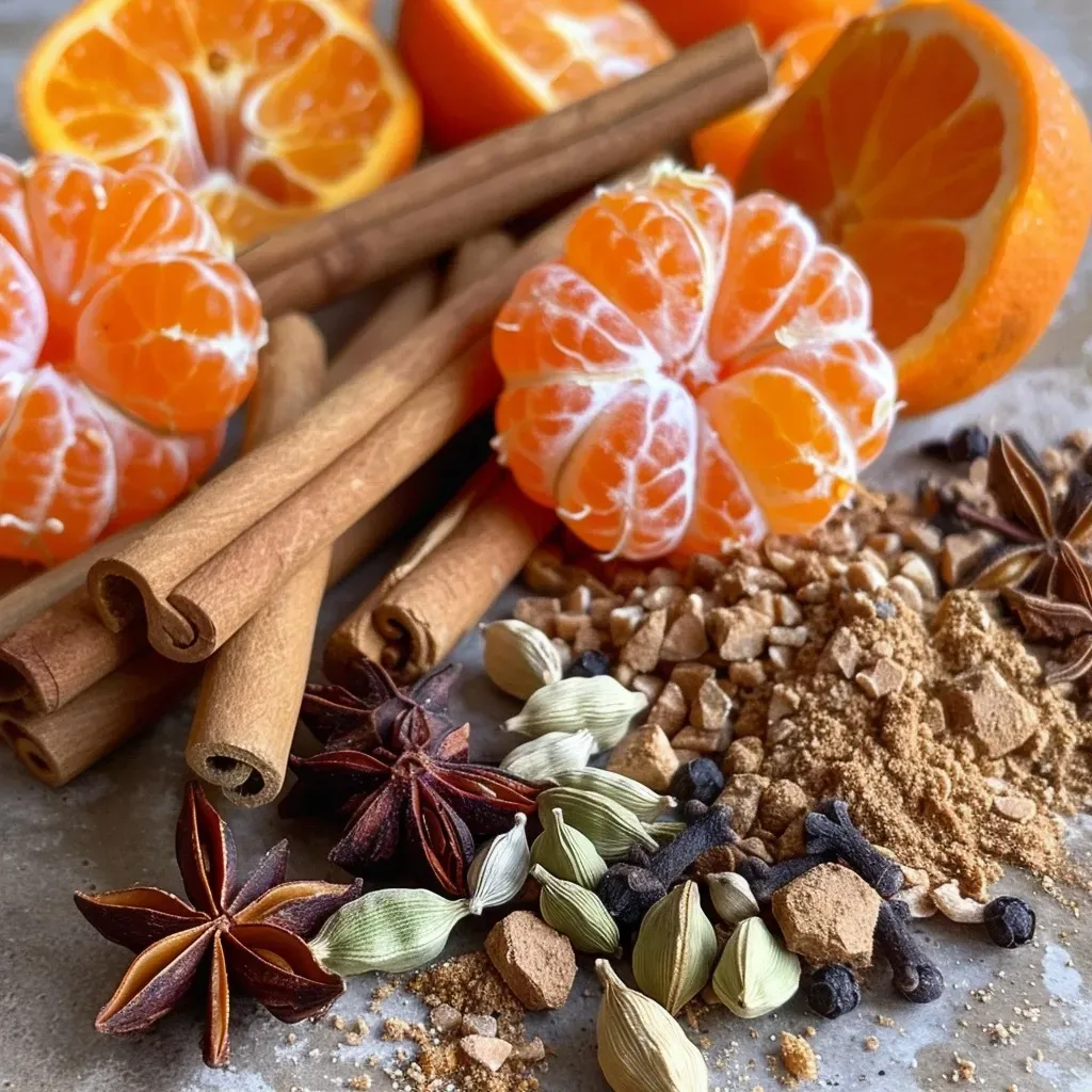 ['Close-up of clementine chai spice mix ingredients with vibrant orange peel and spices.', 'Side view of a colorful mix of clementine peel and spices in a bowl.', 'Juicy clementine chai spice mix featuring spices like cinnamon and star anise.', 'Ingredients for clementine chai spice mix displayed in a detailed close-up.']