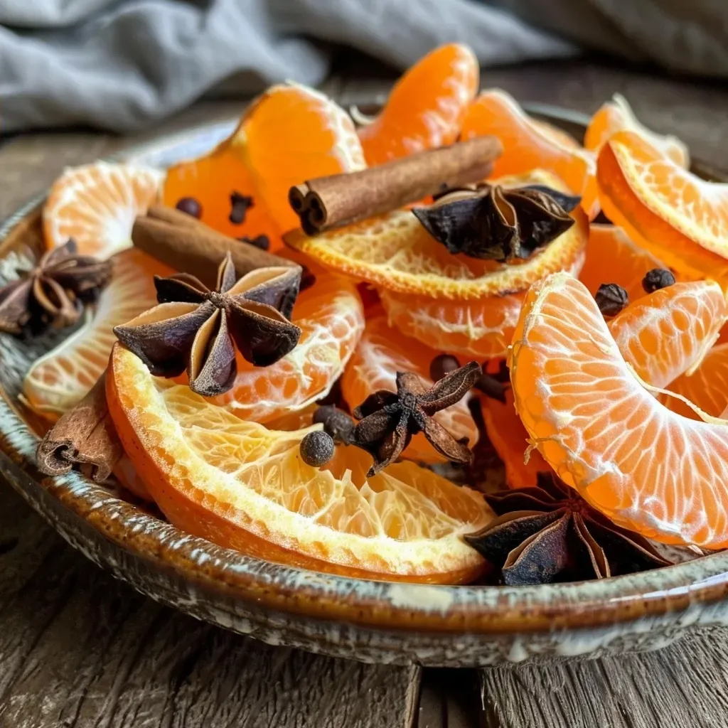 ['Close-up of clementine chai spice mix ingredients with vibrant orange peel and spices.', 'Side view of a colorful mix of clementine peel and spices in a bowl.', 'Juicy clementine chai spice mix featuring spices like cinnamon and star anise.', 'Ingredients for clementine chai spice mix displayed in a detailed close-up.']