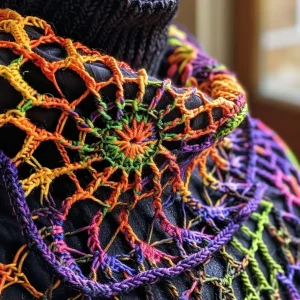 ['Close-up side view of a Cobweb Wrap showcasing its intricate crochet pattern.', 'Detailed image of a Cobweb Wrap, highlighting the texture and design from a side perspective.', 'Close-up shot of a Cobweb Wrap, emphasizing the delicate crochet stitches and vibrant colors.', 'Side view image of a Cobweb Wrap, featuring its layered crochet design and craftsmanship.']