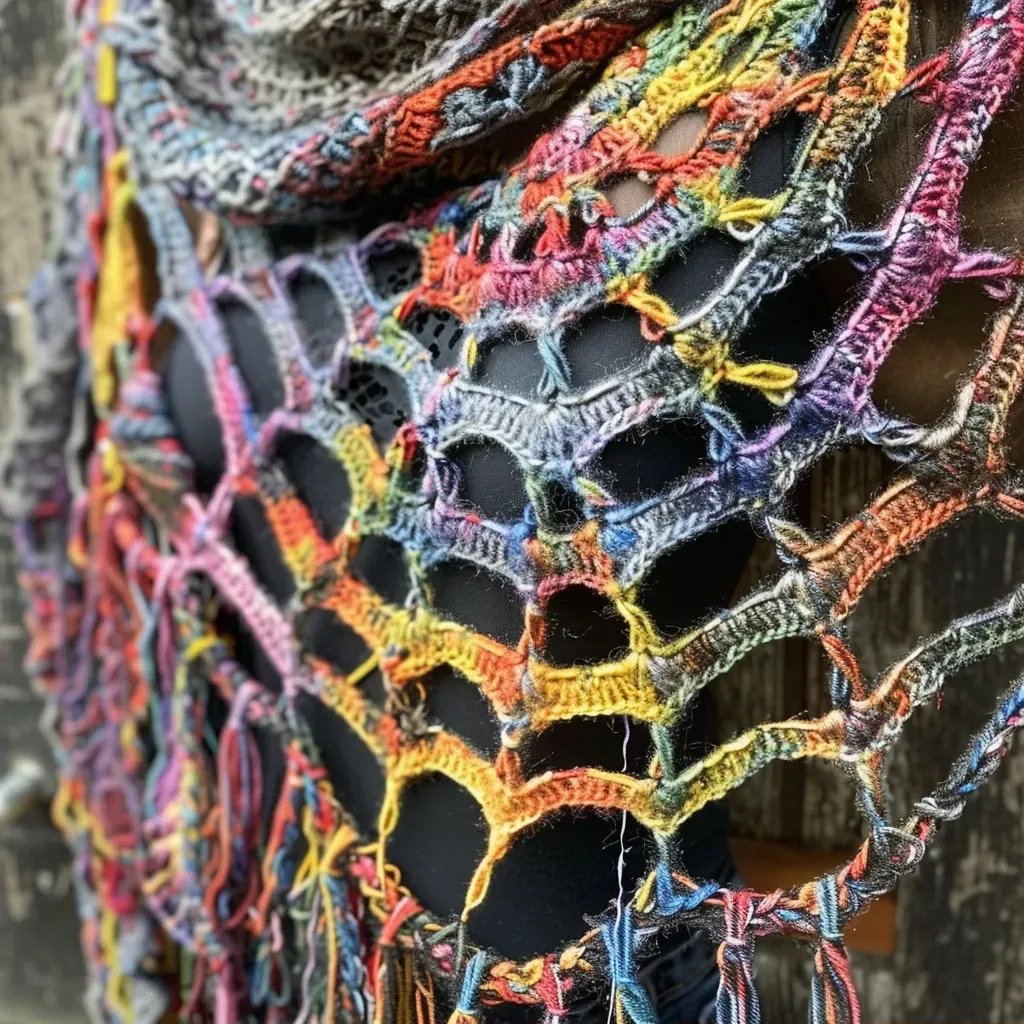 ['Close-up side view of a Cobweb Wrap showcasing its intricate crochet pattern.', 'Detailed image of a Cobweb Wrap, highlighting the texture and design from a side perspective.', 'Close-up shot of a Cobweb Wrap, emphasizing the delicate crochet stitches and vibrant colors.', 'Side view image of a Cobweb Wrap, featuring its layered crochet design and craftsmanship.']