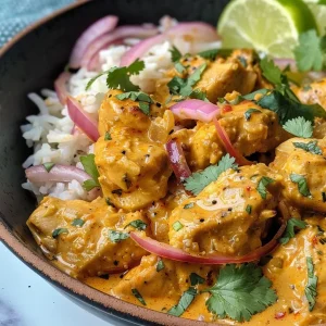 ['Close-up of a plate featuring juicy Coconut Curry Chicken garnished with herbs.', 'Side view of Coconut Curry Chicken served with lime and fresh herbs on a rustic table.', 'Vibrant Coconut Curry Chicken dish showcasing tender pieces of chicken in a rich curry sauce.', 'A colorful serving of Coconut Curry Chicken, topped with lime wedges and fresh cilantro.']