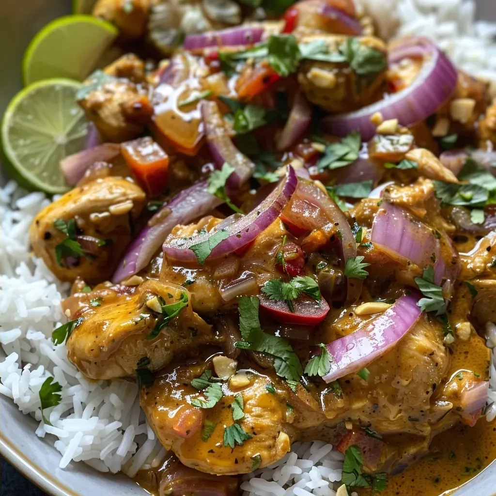 ['Close-up of a plate featuring juicy Coconut Curry Chicken garnished with herbs.', 'Side view of Coconut Curry Chicken served with lime and fresh herbs on a rustic table.', 'Vibrant Coconut Curry Chicken dish showcasing tender pieces of chicken in a rich curry sauce.', 'A colorful serving of Coconut Curry Chicken, topped with lime wedges and fresh cilantro.']