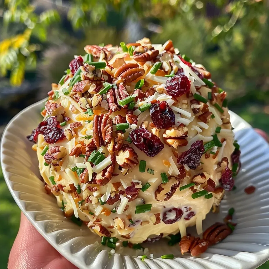 ['Side view of a cranberry pecan cheese ball garnished with nuts and chives.', 'Close-up of a delicious cheese ball made with cranberries and pecans on a wooden serving board.', 'A colorful cranberry pecan cheese ball, featuring chopped nuts and herbs, ready to be served.', 'Juicy cheese ball with a textured surface of dried cranberries and toasted pecans.']