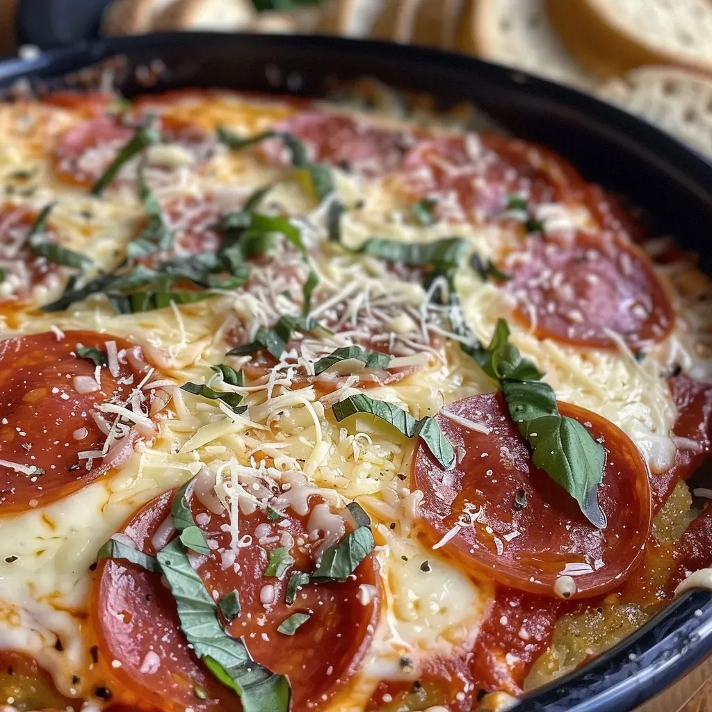 ['Creamy High Protein Pizza Dip in a bowl, garnished with fresh basil and pepperonis.', 'Side view of a creamy pizza dip with cheese and herbs, served with crackers.', 'Close-up of a rich pizza dip showcasing melted cheese and colorful toppings.', 'Delicious, bubbling pizza dip with pepperonis and a sprinkle of basil in a rustic dish.']