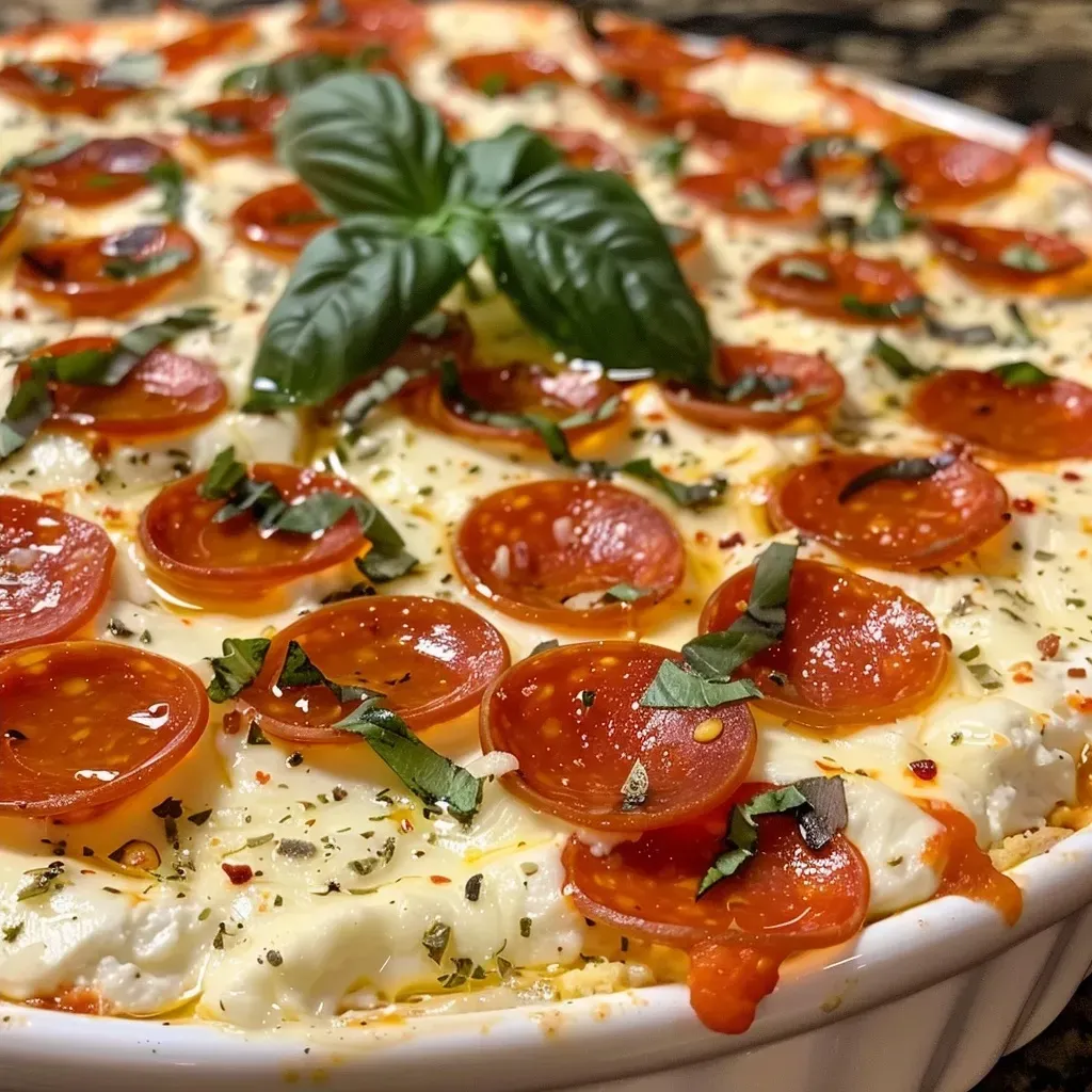 ['Creamy High Protein Pizza Dip in a bowl, garnished with fresh basil and pepperonis.', 'Side view of a creamy pizza dip with cheese and herbs, served with crackers.', 'Close-up of a rich pizza dip showcasing melted cheese and colorful toppings.', 'Delicious, bubbling pizza dip with pepperonis and a sprinkle of basil in a rustic dish.']