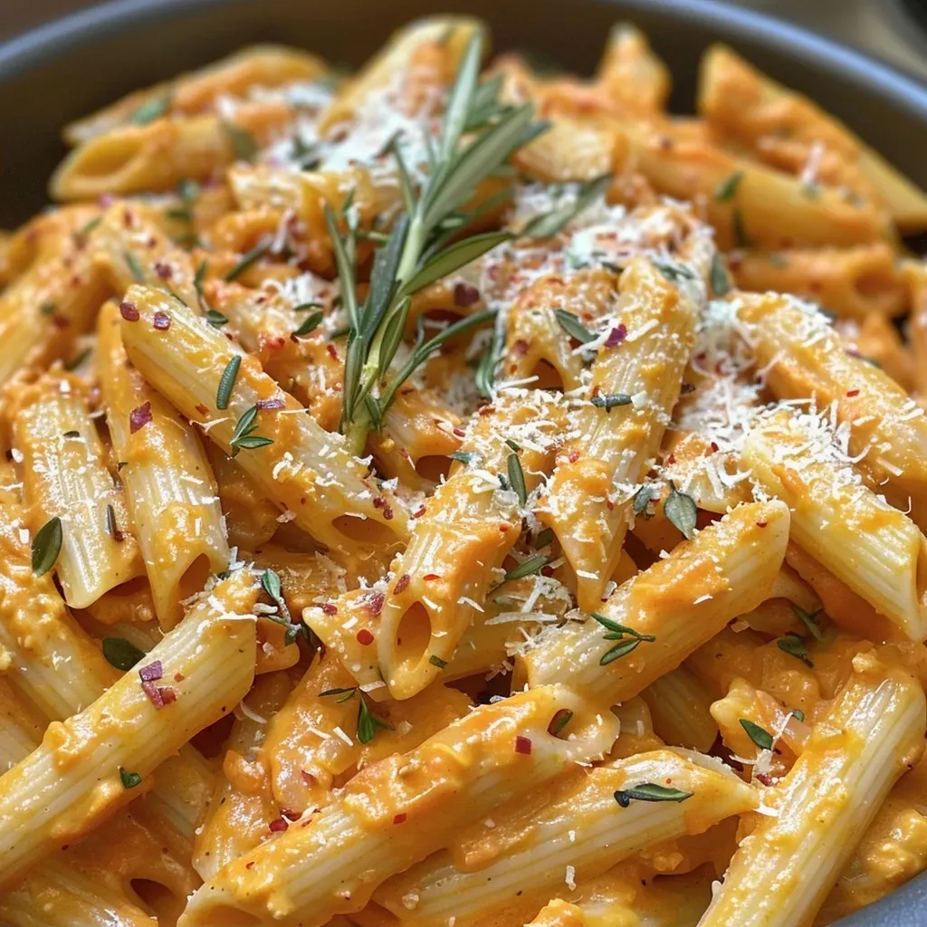 ['Close-up view of creamy pumpkin pasta served in a shallow bowl.', 'Side view of a plate filled with delicious creamy pumpkin pasta garnished with spinach.', 'Juicy creamy pumpkin pasta arranged elegantly with grated Parmesan on top.', 'A comforting bowl of creamy pumpkin pasta featuring vibrant colors and textures.']