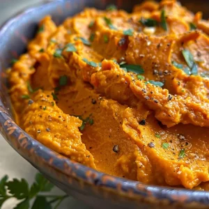 ['Creamy sweet potato and roasted red pepper spread in a small bowl, garnished with herbs.', 'Close-up of a vibrant orange spread made from sweet potatoes and red peppers, served with a cracker.', 'Thick, smooth sweet potato and red pepper dip displayed in a white dish, surrounded by fresh vegetables.', 'Side view of creamy spread showcasing its rich texture and color, placed on a wooden table.']