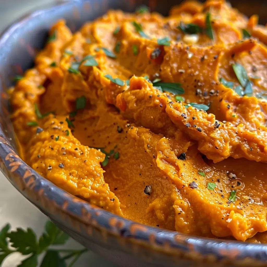 ['Creamy sweet potato and roasted red pepper spread in a small bowl, garnished with herbs.', 'Close-up of a vibrant orange spread made from sweet potatoes and red peppers, served with a cracker.', 'Thick, smooth sweet potato and red pepper dip displayed in a white dish, surrounded by fresh vegetables.', 'Side view of creamy spread showcasing its rich texture and color, placed on a wooden table.']