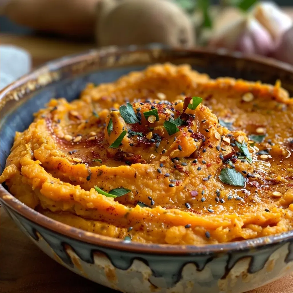['Creamy sweet potato and roasted red pepper spread in a small bowl, garnished with herbs.', 'Close-up of a vibrant orange spread made from sweet potatoes and red peppers, served with a cracker.', 'Thick, smooth sweet potato and red pepper dip displayed in a white dish, surrounded by fresh vegetables.', 'Side view of creamy spread showcasing its rich texture and color, placed on a wooden table.']