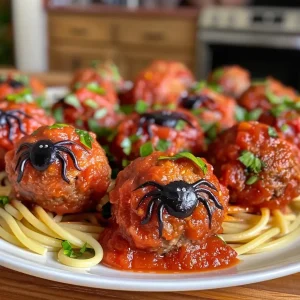 ['Close-up of creepy-cute spider meatballs arranged with spaghetti.', 'Juicy meatballs shaped like spiders nestled among strands of spaghetti.', 'Side view of spider-shaped meatballs with spaghetti on a plate.', 'Artistic presentation of meatballs and spaghetti, resembling cute spiders.']