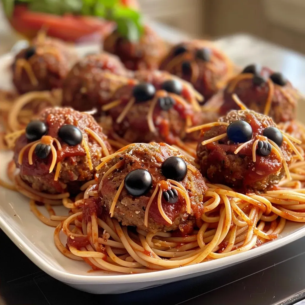['Close-up of creepy-cute spider meatballs arranged with spaghetti.', 'Juicy meatballs shaped like spiders nestled among strands of spaghetti.', 'Side view of spider-shaped meatballs with spaghetti on a plate.', 'Artistic presentation of meatballs and spaghetti, resembling cute spiders.']