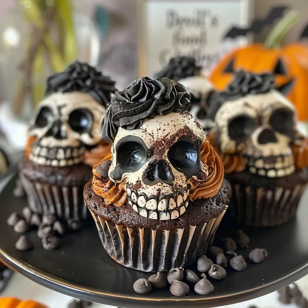 ['Close-up of creepy Halloween skull cupcakes with intricate details.', 'Side view of spooky skull-shaped cupcakes decorated for Halloween.', "Delicious devil's food cupcakes topped with eerie skull frosting.", 'Halloween-themed cupcakes featuring chocolate skull designs and bright frosting.']