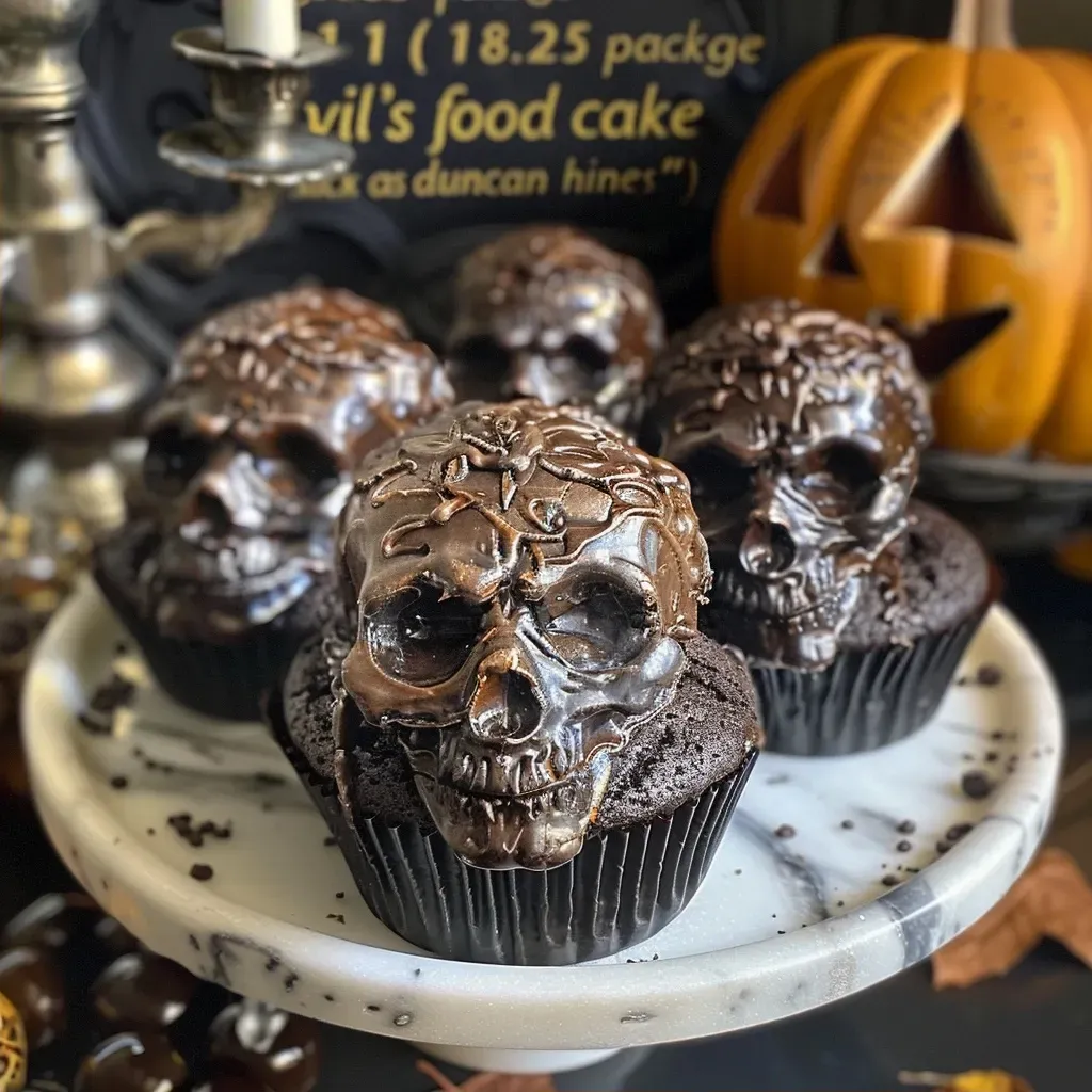 ['Close-up of creepy Halloween skull cupcakes with intricate details.', 'Side view of spooky skull-shaped cupcakes decorated for Halloween.', 
