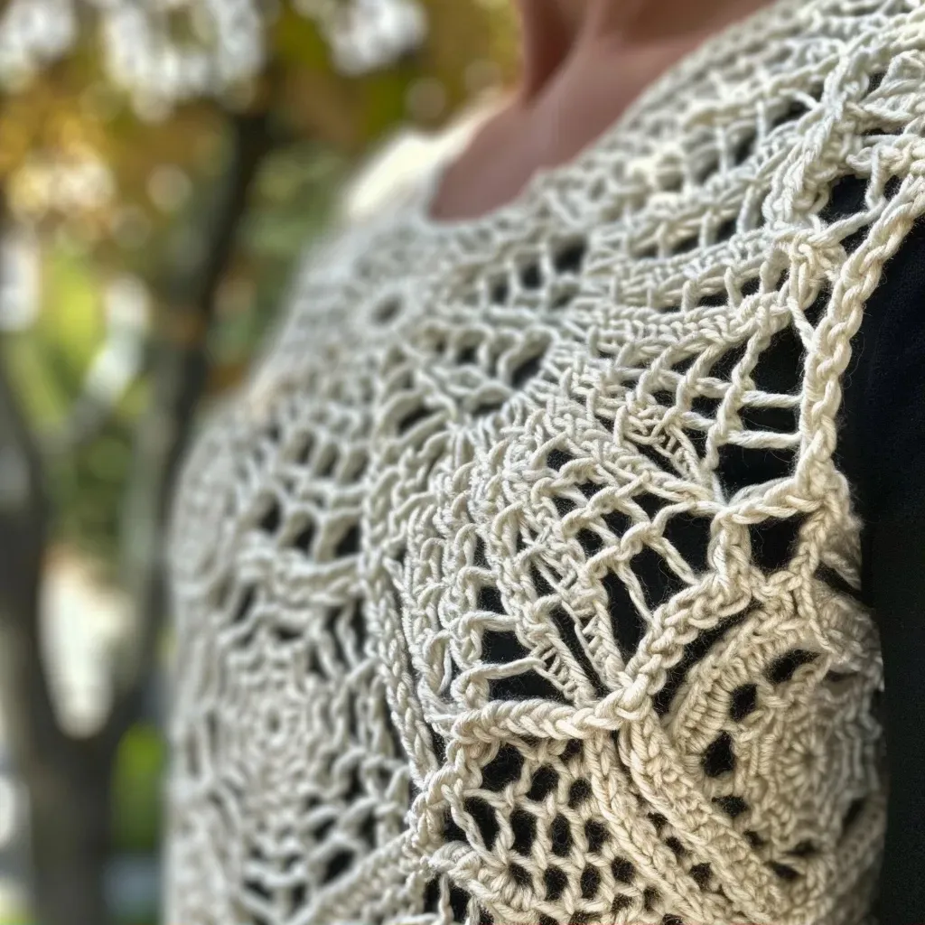 ['Close-up view of a crochet spiderweb top in soft yarn.', 'Side view of a detailed crochet spiderweb top showcasing intricate patterns.', 'Photo highlighting the delicate texture of a handmade spiderweb crochet top.', 'Image featuring a crochet spiderweb top made from vibrant soft yarn.']