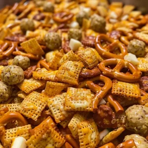 ['Close-up view of a colorful Crock Pot Cheesy Party Mix in a dish with various snacks.', 'Side view of creamy Crock Pot Cheesy Party Mix featuring a mix of cereals and cheese snacks.', 'Textured close-up of a cheesy snack mix showcasing pretzels and cereal pieces.', 'Vibrant assortment of Crock Pot Cheesy Party Mix displayed in a bowl with distinct ingredients.']