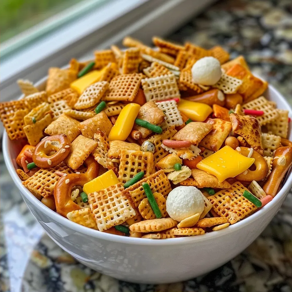 ['Close-up view of a colorful Crock Pot Cheesy Party Mix in a dish with various snacks.', 'Side view of creamy Crock Pot Cheesy Party Mix featuring a mix of cereals and cheese snacks.', 'Textured close-up of a cheesy snack mix showcasing pretzels and cereal pieces.', 'Vibrant assortment of Crock Pot Cheesy Party Mix displayed in a bowl with distinct ingredients.']