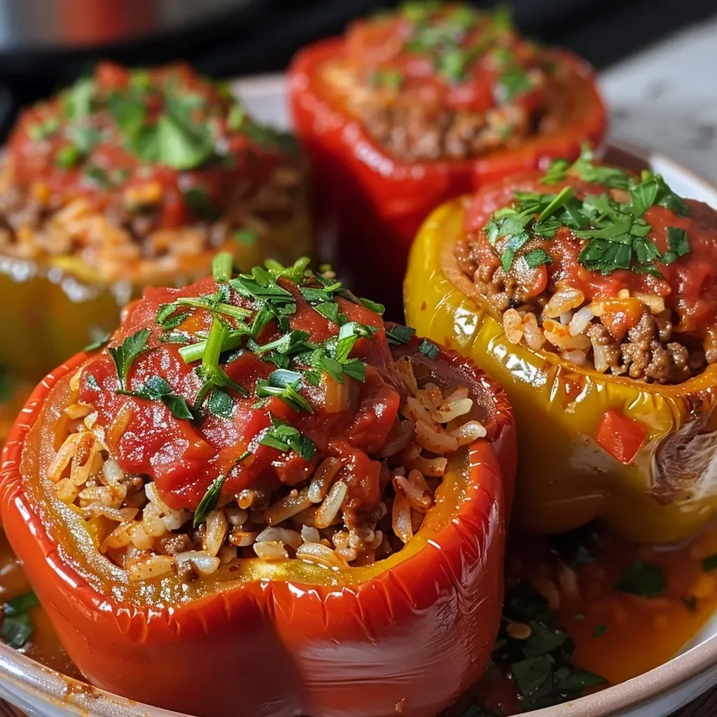 ['Close-up side view of vibrant stuffed bell peppers filled with meat and rice.', 'Juicy Crock Pot stuffed peppers arranged attractively with marinara sauce.', 'Delicious stuffed peppers with ground beef and rice, topped with sauce.', 'Colorful bell peppers filled with hearty ingredients, showcasing their stuffing.']