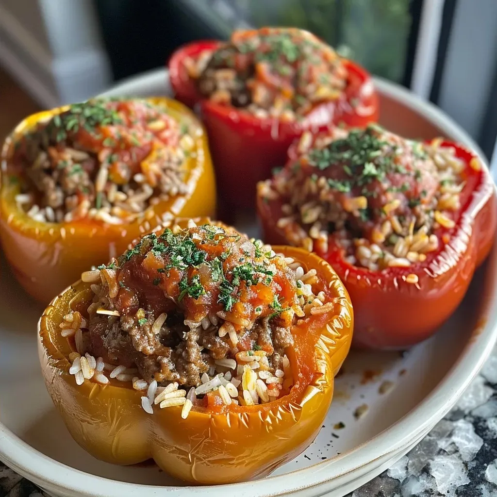 ['Close-up side view of vibrant stuffed bell peppers filled with meat and rice.', 'Juicy Crock Pot stuffed peppers arranged attractively with marinara sauce.', 'Delicious stuffed peppers with ground beef and rice, topped with sauce.', 'Colorful bell peppers filled with hearty ingredients, showcasing their stuffing.']