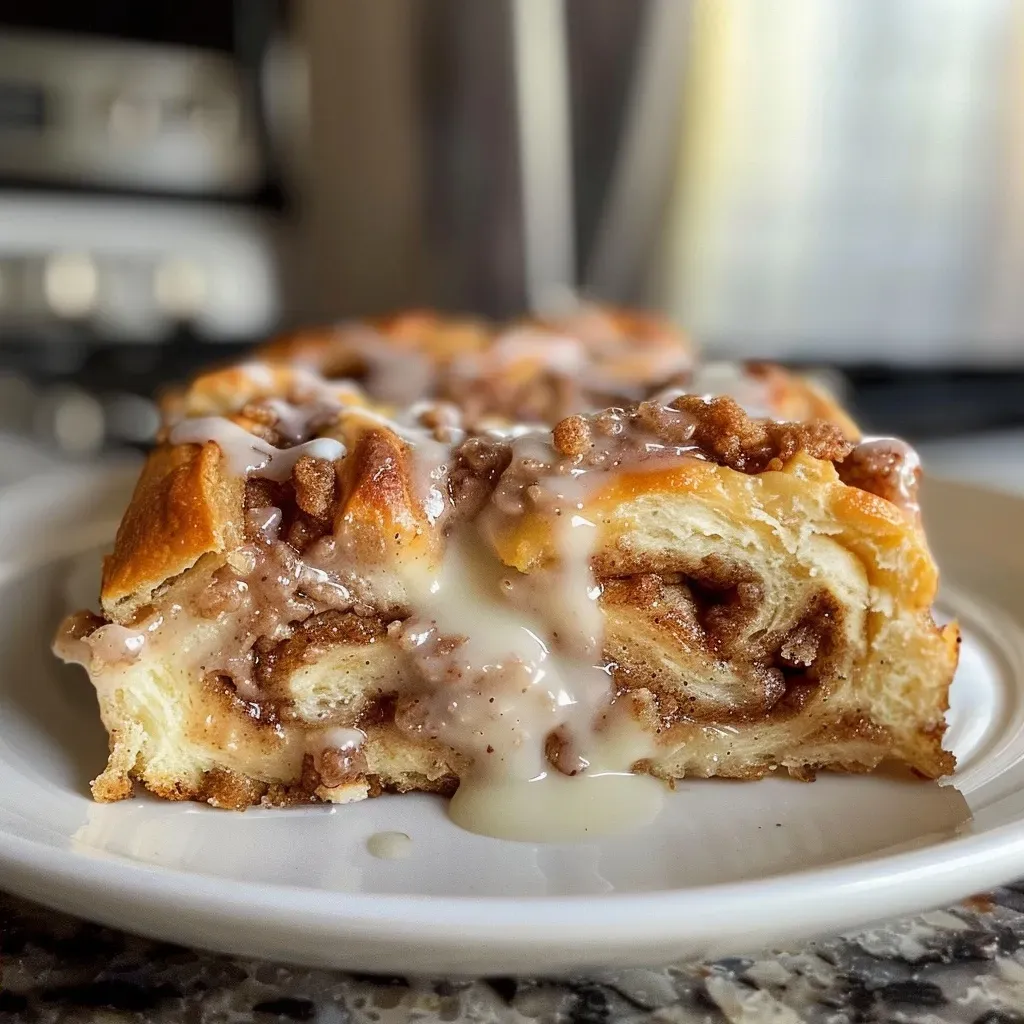 ['Close-up of a slice of cinnamon roll casserole topped with icing.', 'Side view of Crockpot Cinnamon Roll Casserole showing its fluffy texture.', 'Juicy, golden-brown cinnamon roll casserole in a crockpot.', 'A decadent serving of cinnamon roll casserole with icing drizzled on top.']