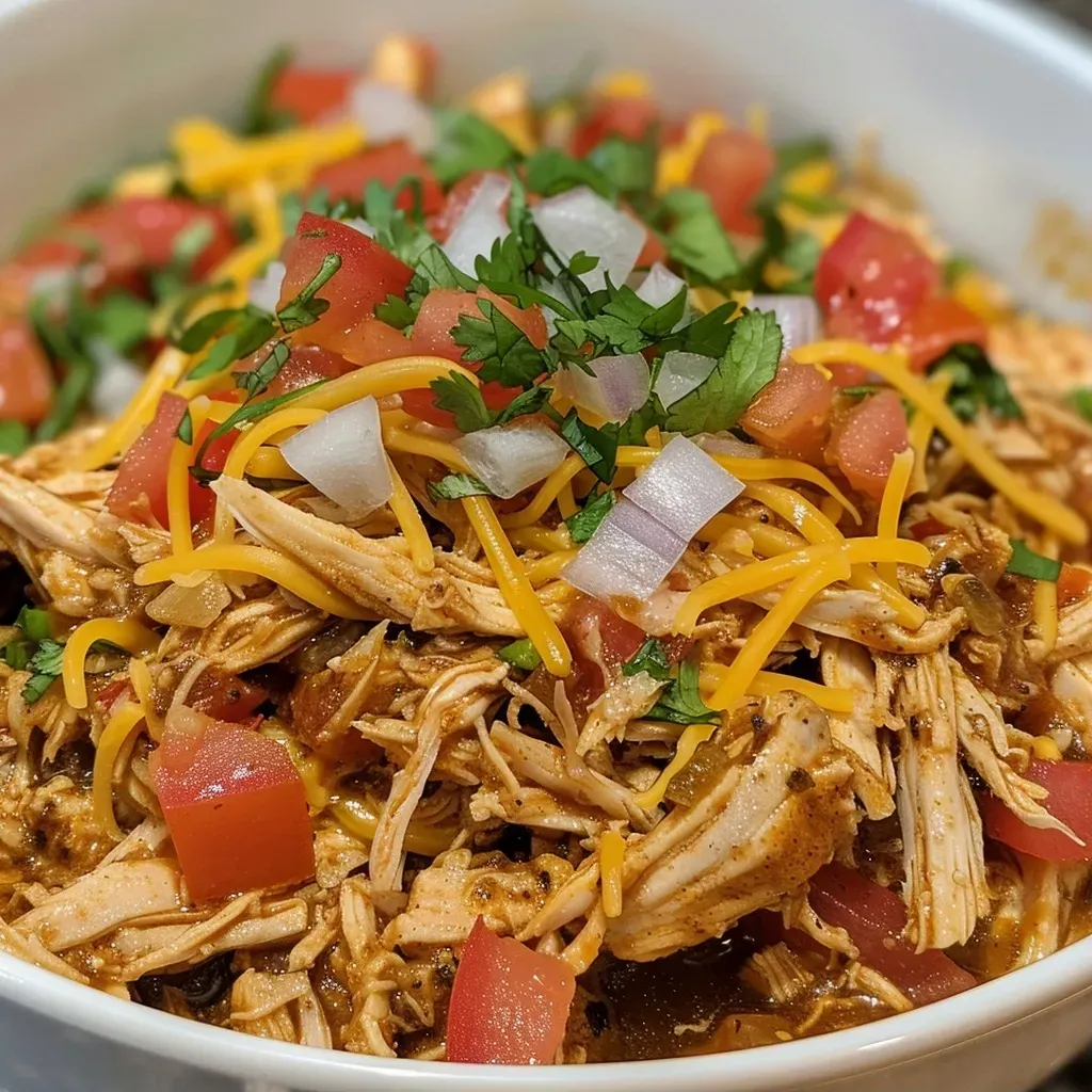 ['Juicy shredded Mexican chicken in a crockpot with colorful bell peppers and onions.', 'Close-up of Crockpot Shredded Mexican Chicken showcasing tender meat and spices.', 'Side view of a bowl filled with shredded Mexican chicken with diced tomatoes and herbs.', 'Delicious shredded chicken dish in a crockpot, highlighting cooked vegetables and sauce.']