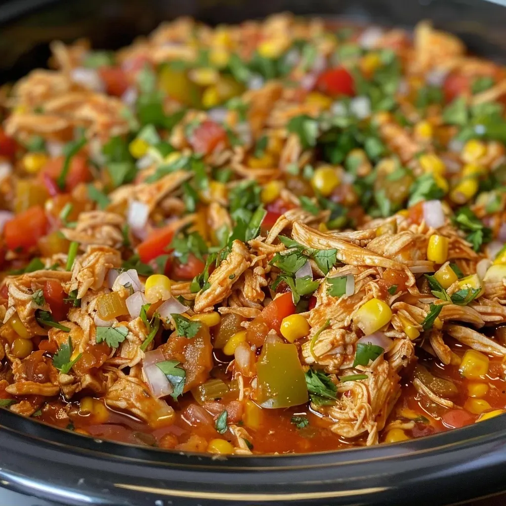 ['Juicy shredded Mexican chicken in a crockpot with colorful bell peppers and onions.', 'Close-up of Crockpot Shredded Mexican Chicken showcasing tender meat and spices.', 'Side view of a bowl filled with shredded Mexican chicken with diced tomatoes and herbs.', 'Delicious shredded chicken dish in a crockpot, highlighting cooked vegetables and sauce.']