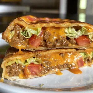 ['Close-up of a crunchy, layered Crunch Wrap filled with beef, cheese, and fresh vegetables.', 'Side view of a delicious Crunch Wrap showcasing its crispy layers and vibrant fillings.', 'Juicy Crunch Wrap on a plate, highlighting the combination of nacho cheese and fresh toppings.', 'Tasty Crunch Wrap displayed, featuring a blend of ground beef, cheese, and lettuce in a crispy tortilla.']