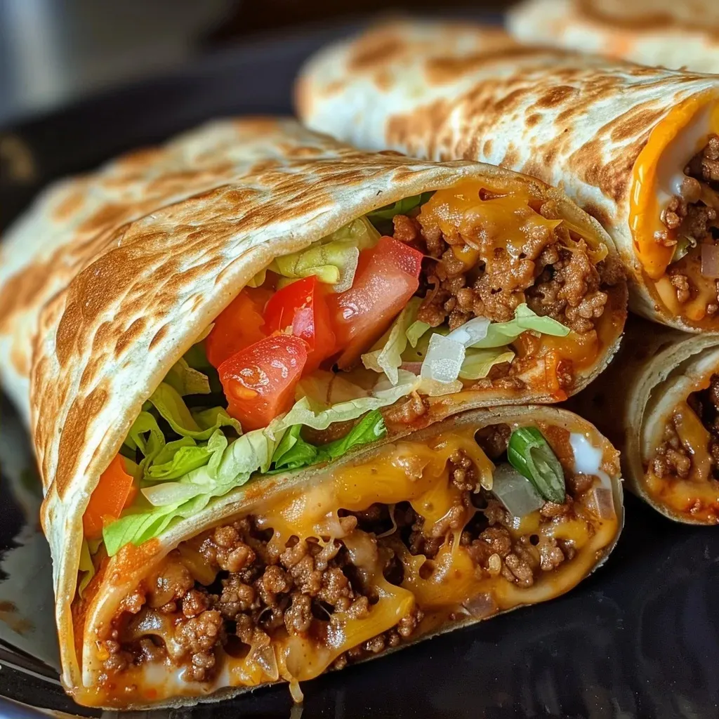['Close-up of a crunchy, layered Crunch Wrap filled with beef, cheese, and fresh vegetables.', 'Side view of a delicious Crunch Wrap showcasing its crispy layers and vibrant fillings.', 'Juicy Crunch Wrap on a plate, highlighting the combination of nacho cheese and fresh toppings.', 'Tasty Crunch Wrap displayed, featuring a blend of ground beef, cheese, and lettuce in a crispy tortilla.']