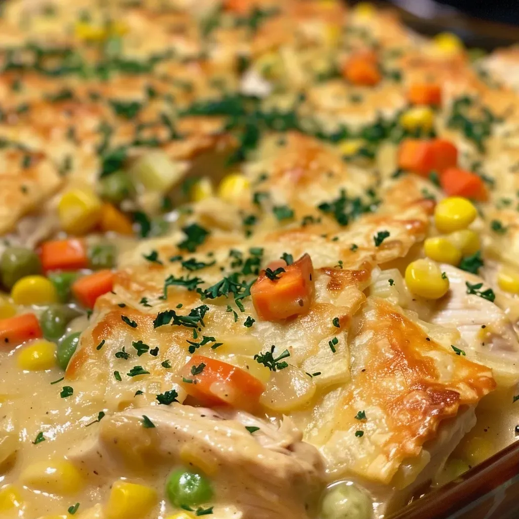 ['Close-up of a slice of crustless chicken pot pie on a white plate, showcasing juicy chicken and colorful vegetables.', 'Side view of a crustless chicken pot pie, highlighting tender chicken pieces, carrots, peas, and corn.', 'A mouthwatering crustless chicken pot pie served on a rustic wooden table, featuring a creamy filling and vibrant vegetables.', 'Overhead view of a crustless chicken pot pie, emphasizing its hearty texture and fresh ingredients.']