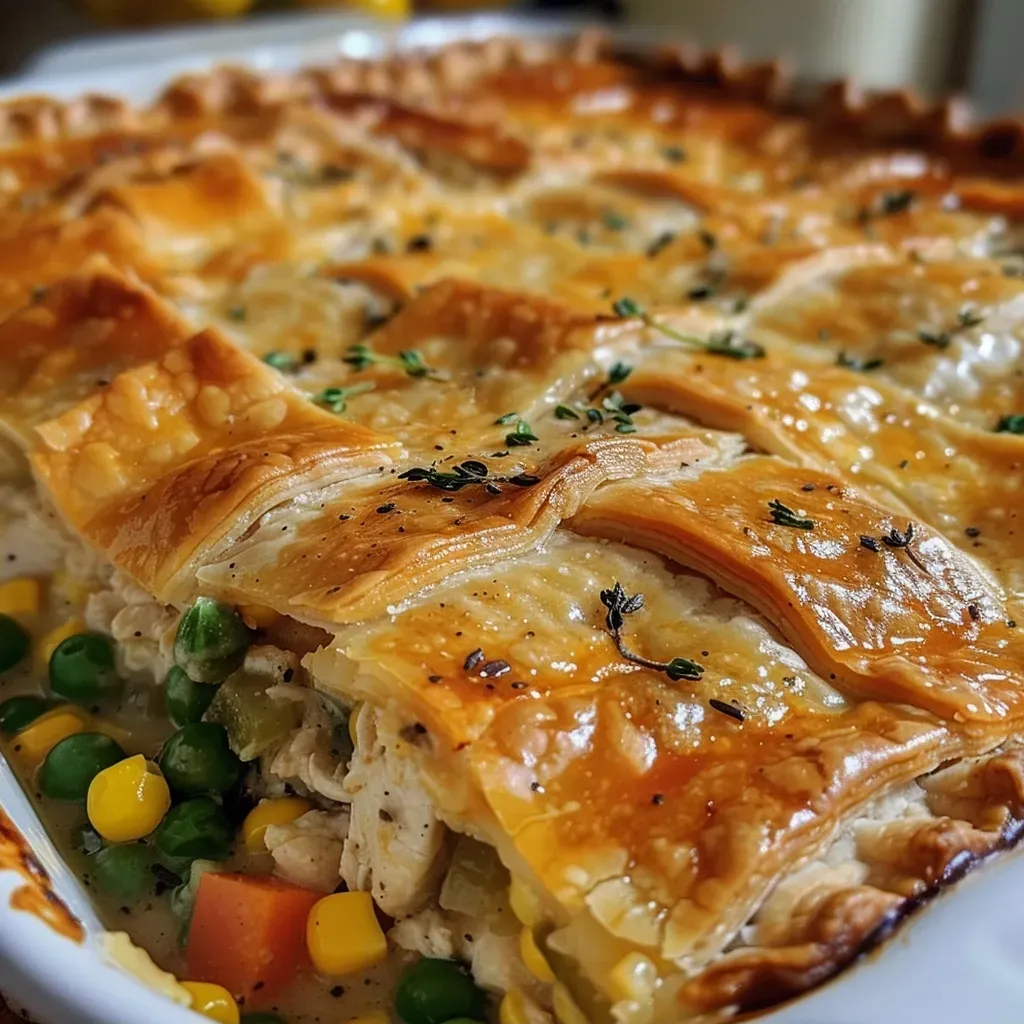 ['Close-up of a slice of crustless chicken pot pie on a white plate, showcasing juicy chicken and colorful vegetables.', 'Side view of a crustless chicken pot pie, highlighting tender chicken pieces, carrots, peas, and corn.', 'A mouthwatering crustless chicken pot pie served on a rustic wooden table, featuring a creamy filling and vibrant vegetables.', 'Overhead view of a crustless chicken pot pie, emphasizing its hearty texture and fresh ingredients.']