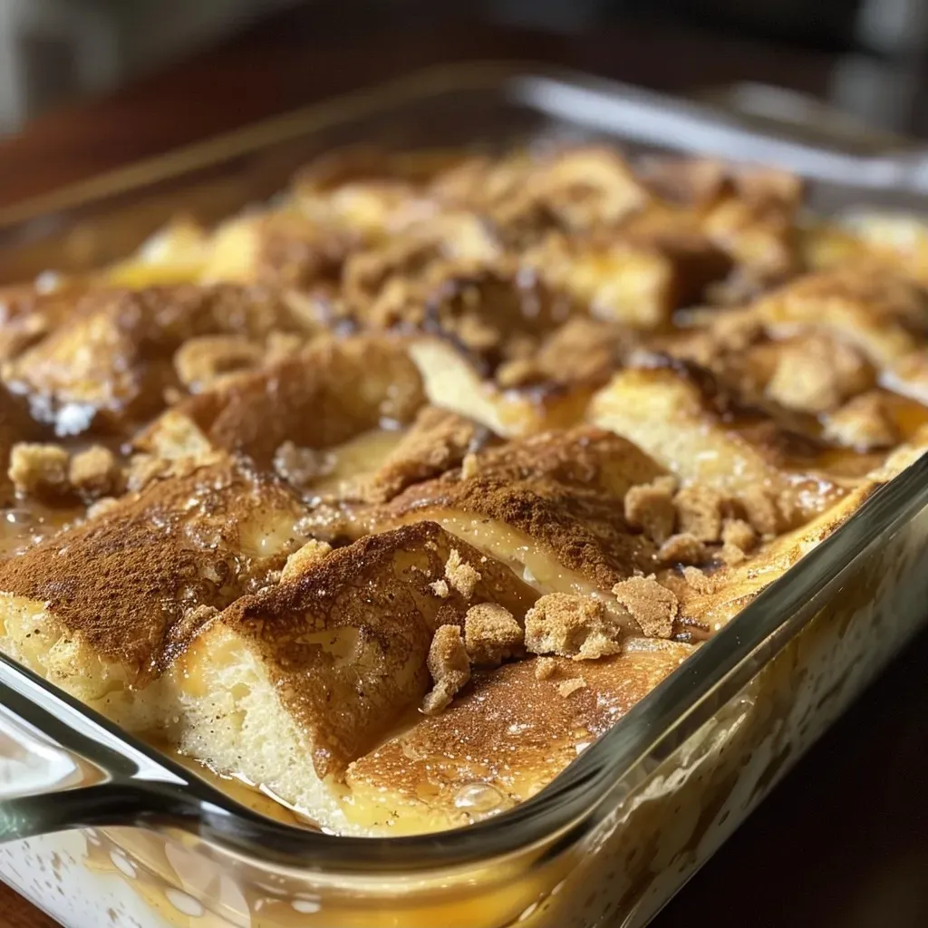 ['Close-up view of a dairy-free French toast casserole with a golden-brown top and visible chunks of bread.', 'Side angle shot of a delicious dairy-free French toast casserole showcasing its moist texture and caramelized surface.', 'A delectable dairy-free French toast casserole, highlighting its crispy edges and soft interior, captured in a home kitchen setting.', 'Slice of dairy-free French toast casserole surrounded by scattered cinnamon and sugar, emphasizing its inviting appearance.']